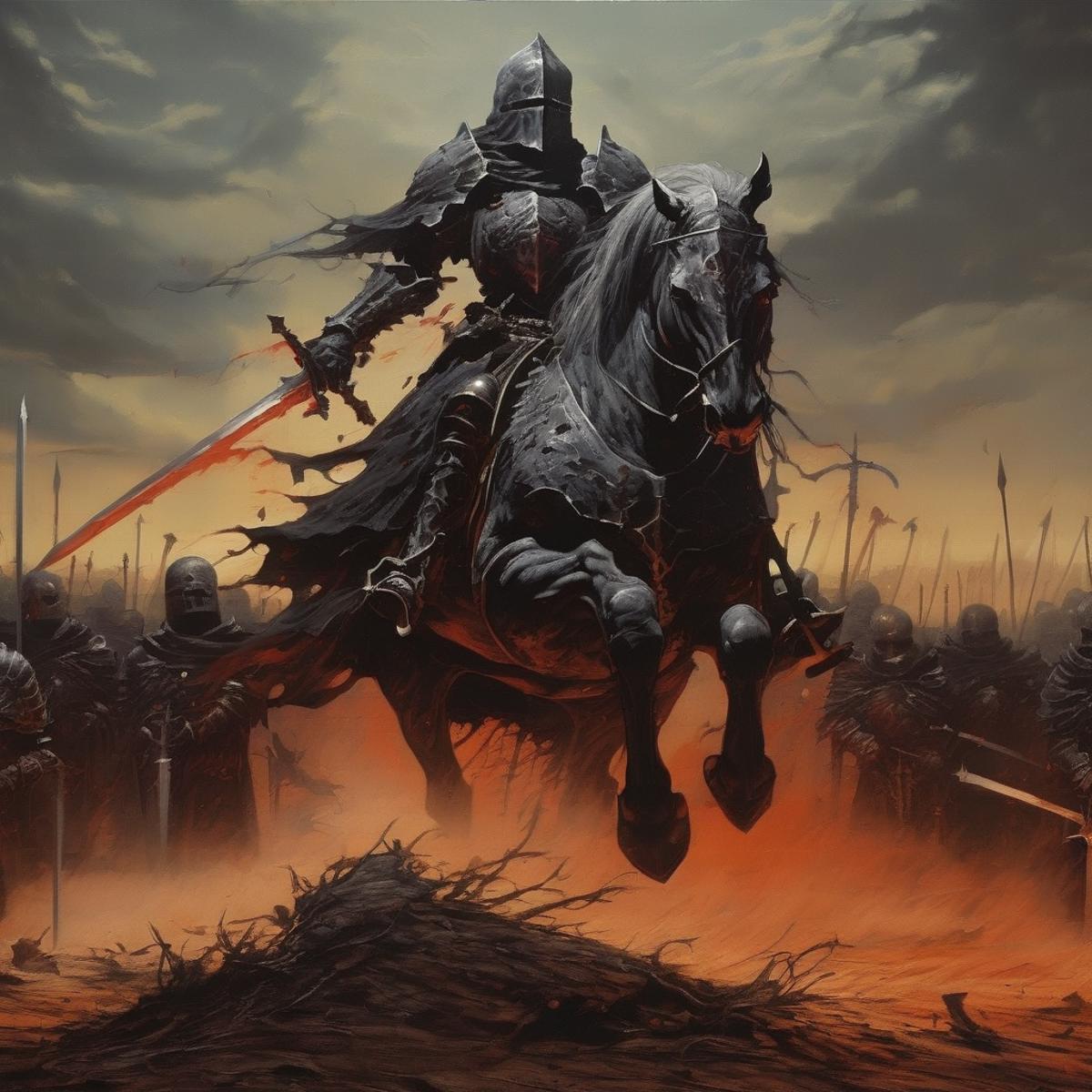 A Knight on a Horse Riding Over a Log and Through a Field of Soldiers.