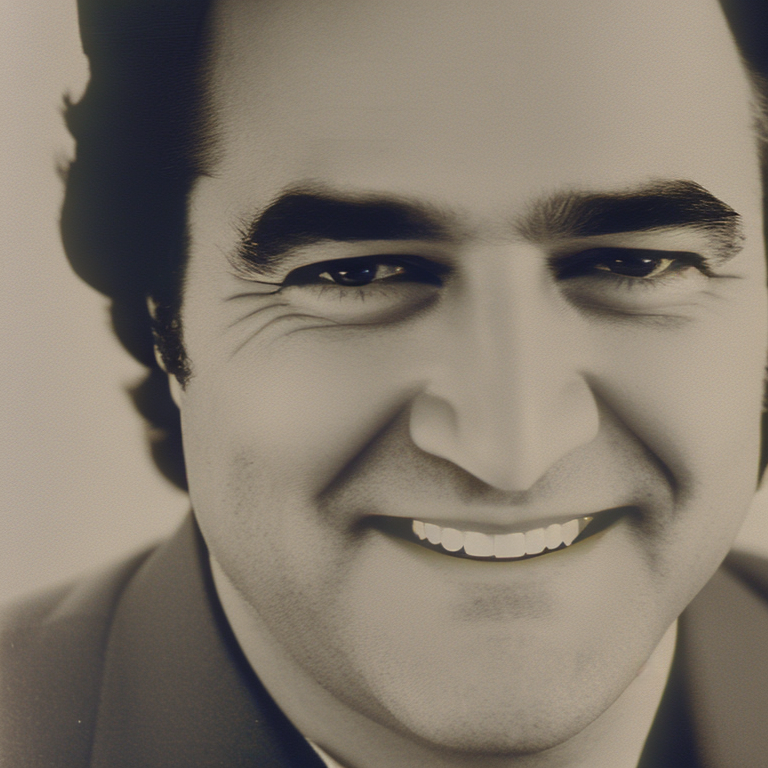 A close up glamour photograph of (John Belushi)  smiling for the camera studio lighting gradient background clear face pal...