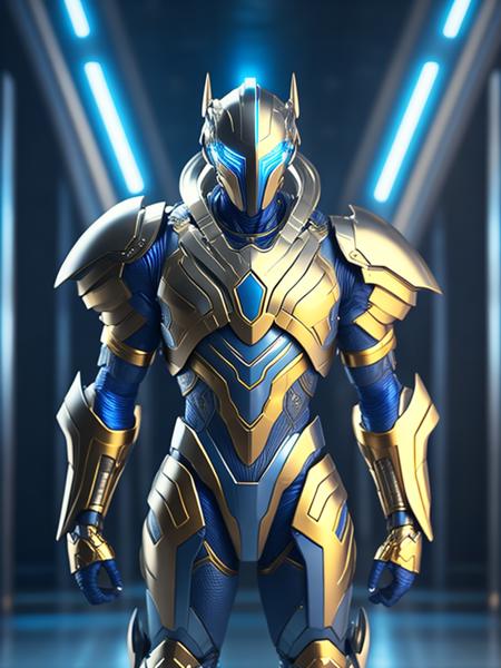 a blue and gold armored man standing in a hallway, glowing lights in armor, blue and ice silver color armor, light coming off of the armor, shiny hi tech armor, intricate glowing mecha armor, sleek glowing armor, sliver ice color reflected armor, shiny plastic armor, shiny metal armor, gold and silver armour suit, metallic armor, solo, power armor, glowing, armor, male focus, 1boy, glowing eyes, alien, full body, clenched hands, standing, helmet, science fiction, tokusatsu