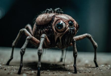 Horror-themed cinematic film still tiny embryonic horse with slider legs and one large eye for a head, trending on artstation, scary, subsurface scattering, horse, spider high budget, bokeh, cinemascope, moody, epic, gorgeous, film grain, grainy . Eerie, unsettling, dark, spooky, suspenseful, grim, highly detailed