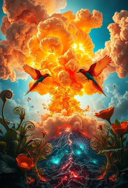 A surreal explosion captured mid-burst, where clouds of fire and smoke twist into intricate floral patterns, each petal-like plume rendered with meticulous botanical detail. Vibrant exotic birds, startled by the blast, arc outward with wings fully extended, their feathers sharply defined as if caught in a hyper-real moment of chaos and beauty. In the foreground, strange hybrid plants bend from the force, their leaves curling into iridescent spirals, glowing from within as if energized by the shockwave. The ground splits open to reveal surreal, luminous roots resembling veins of molten crystal, connecting earth to sky. Colors shift from blazing oranges and crimsons to deep emerald greens and cobalt blues, creating a dreamlike yet scientifically precise atmosphere. The moment feels both violent and sacred, like witnessing the creation of a new ecosystem born from destruction, frozen in a moment of impossible clarity and surreal symbolism.