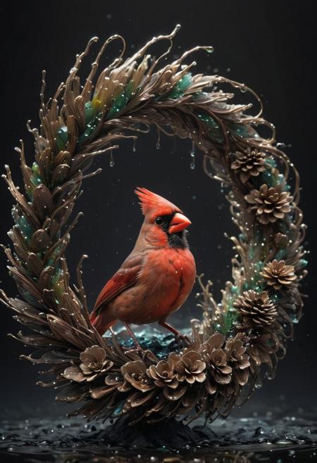 close-up A cardinal bird, 
incredibly fluid, 
detailed, 
3D fractals, 
light particles, 
drops of water, 
shimmering light, 
dreamer, 
surrealist, 
alcohol ink, 
smooth, 
shimmering, 
dreamy glow, a lot of pine cone wreath background
conceptual art by Alberto Seveso, 
Anna Dittmann, 
Arthur Rackham, 
16k