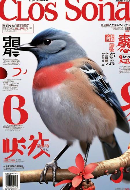 magazine cover, japanese text, bird, clos-up, 3D animation style,