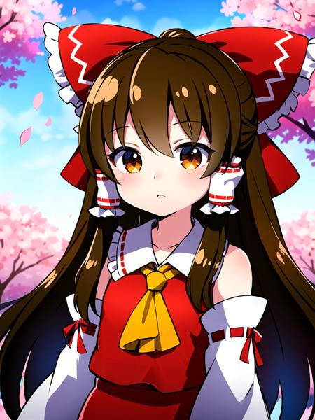 masterpiece, best quality, female child, 1girl, hakurei reimu, brown hair, hair tubes, hair ribbon, brown eyes, cherry blossoms, sakura, pink petals, <lora:den2chibi:0.9>