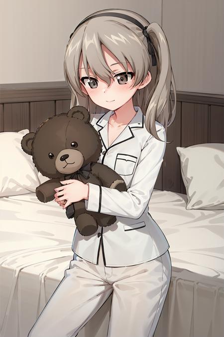 masterpiece, best quality, 1girl, solo, female focus, girls und panzer, shimada arisu, hair ribbon, (white pajamas:1.2), blush, holding teddy bear, sitting, cowboy shot, bed, bedroom furniture  <lora:Shimada Alice:0.6>