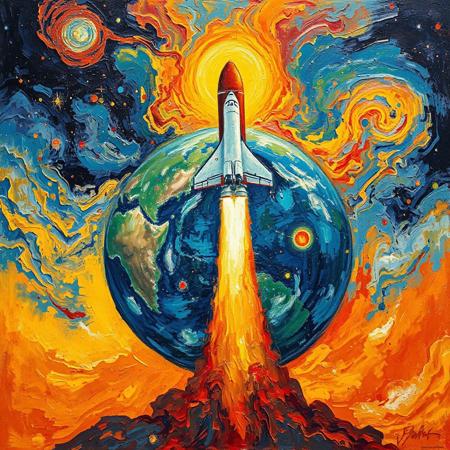 Abstract painting of a space shuttle launching from Earth.  Dynamic, expressive impasto technique with thick, visible brushstrokes.  The Earth is depicted as a vibrant sphere, showcasing its continents and oceans in swirling blues, greens, and browns.  The Earth is engulfed in a swirling mixture of vibrant colors (yellows, oranges, blues, reds), evoking a vibrant, energetic cosmic event.  The space shuttle is rendered in a lighter color palette, with prominent details of its structure.  Thick brushstrokes create an impressionistic effect, resembling the style of Vincent van Gogh's Starry Night.  The shuttle is launching powerfully, with fiery orange and yellow trails of exhaust creating a dynamic composition. The vibrant colors in the background illustrate a starlit night sky, with visible stars and nebulae. Strong contrast between warm colors of the sun and rocket exhaust and cooler colors of the earth and space. The perspective is looking down at the Earth as the rocket ascends.  High-energy, cosmic, expressive, and dynamic vibe.  Impasto technique,  Expressionism,  Starry Night style.