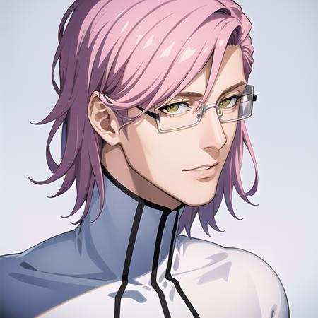 artstation, best quality, masterpiece, ultra detailed illustration, face portrait, <lora:Szayelaporro1:0.6>,  1man, young, slim, ((clean shaven)), Szayelaporro, pink hair, yellow eyes, thin lips, handsome attractive adult man, tall, slim, glasses, solo, white turtleneck, handsome, highres