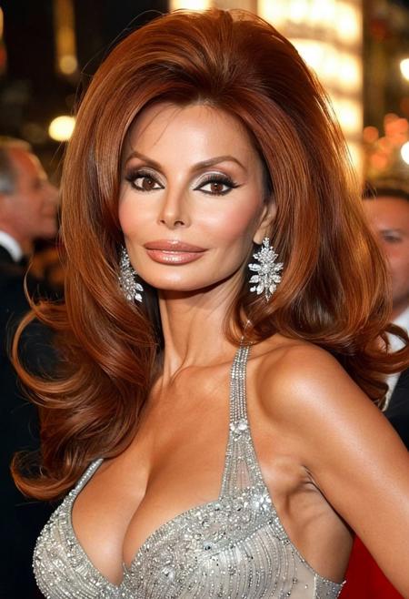 score_9, score_8_up, score_7_up, score_6_up, score_5_up, score_4_up, Beautiful 30yo actress, (((50% Raquel Welch and 50% Sophia Loren))), Walking the Red Carpet, Posing for the Paparazzi, Beautiful Cocktail Dress, looking at camera, beautiful highly detailed expressive eyes, playful smile, slight blush, expert auburn hair, Professional makeup, Lavish Jewelry, facing camera and side views, dynamic poses, different angles, full body portraits, (Full Body:1.5)