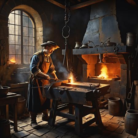mysterious blacksmith in a baroque painting style, inspired by Jan Vermeer and Rembrandt van Rijn, historical art, oil painting, cinematic volumetric lighting, amazing details <lora:add-detail-xl:1>
