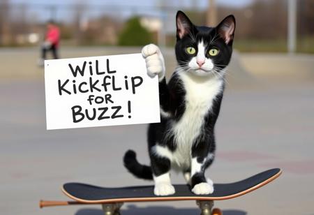 a black and white cat, green eyes, it holds a sign with both hands/paws, the sign says "Will Kickflip for Buzz!", standing on a skateboard, skate park in background.