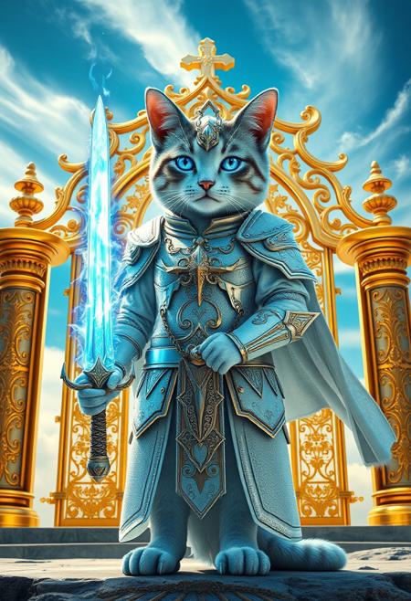 "Create a hyper-realistic image of a warrior cat in white light armor, standing guard at the golden gates of a holy sanctuary in the sky. The cat holds a magical sword with a glowing blue blade, enveloped in a holy flame. Bright blue flames also surround the cat's eyes, casting an ethereal glow. The armor and gates shimmer with intricate details, set against a brilliant blue sky with wispy clouds. The atmosphere is serene and magical, with a sense of wonder and awe." Octane render, Highest-Quality, 8 k, intricate details, visually stunning, Masterpiece