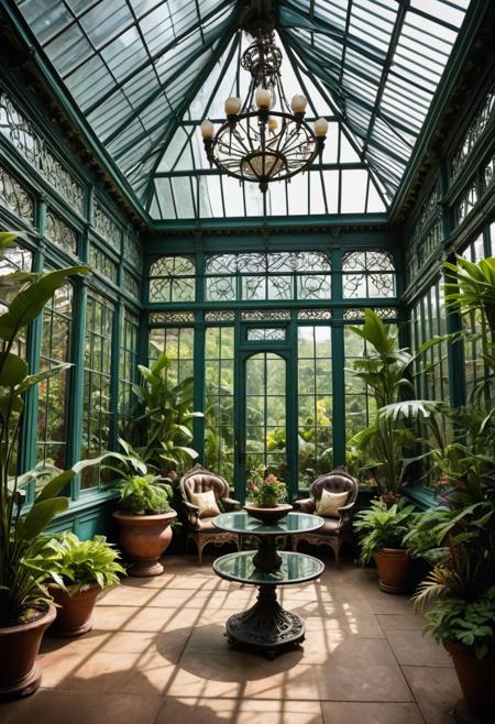 Victorian conservatory filled with exotic plants and ornate ironwork, glass ceiling allowing natural light to filter through botanical canopy. Rich green foliage with selective flower colors, warm humid atmosphere suggested through soft focus effects. Architectural photography aesthetic with emphasis on Victorian engineering and botanical beauty.