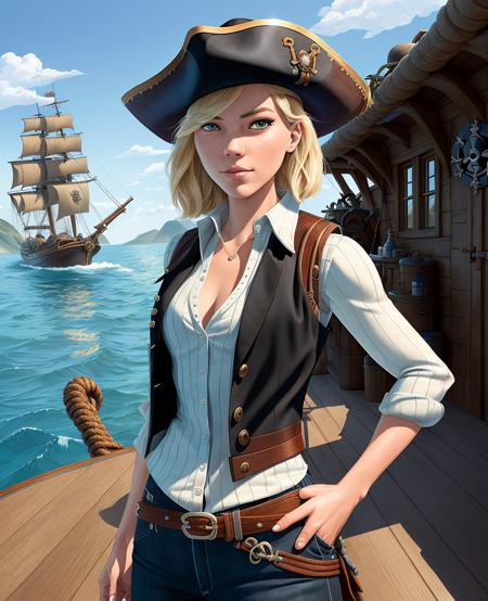 (Gwen Stacy:1.1), ultra-detailed, illustration, high contrast, a woman standing on the deck of a pirate boat, wood planks, rope, dappled sunlight, bare arms, solo, (black pirate hat, vest, pirate costume:1.2), straps, belt, boots, (waist up:1.2), water