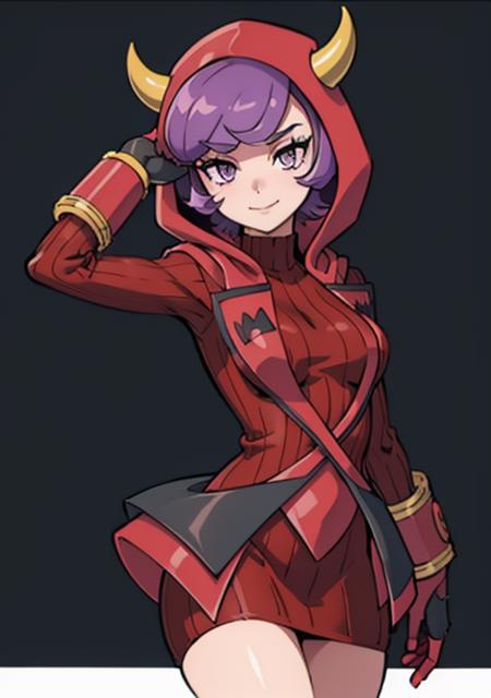 <lora:courtney:0.7>,courtney, 1girl, solo, breasts, looking at viewer, smile, short hair, bangs, simple background, gloves, white background, dress, closed mouth, purple eyes, purple hair, horns, signature, hood, arm up, sweater, eyelashes, red dress, clenched hand, red gloves, ribbed sweater, hood up, fake horns, sweater dress, horned headwear, ribbed dress