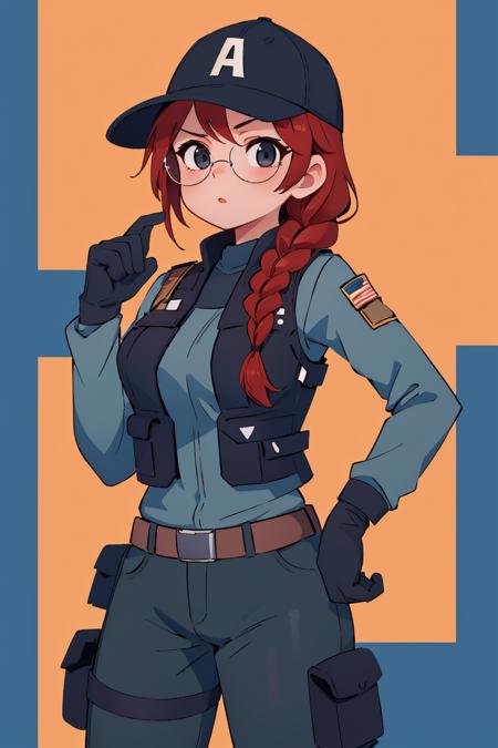 (masterpiece, best quality:1.2), 1girl, solo, looking at viewer, breasts, <lora:ashrss:1>, ashrss, uniform, hat, single braid, sunglasses, bulletproof vest, pants, gloves, vest, tactical clothes, long sleeves, black shirt,