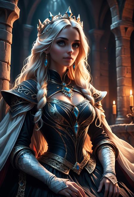 Wide shot of a beautiful female character, her flowing white locks adorned with diamonds and scarves that accentuate the beauty as she stands on an ornate throne in medieval castle walls. The focus is dynamic fantasy realism at its finest while maintaining high-resolution textures adding to each dress's depth below where imperfections might be visible under normal lighting effects for comfort between wearing it out or <lora:Fractangles:0.7>, 2000s vintage RAW photo, photorealistic, film grain, candid camera, color graded cinematic, eye catchlights, atmospheric lighting, natural, shallow dof, High level of detail to create a photographic-like image, focusing on lighting, realistic textures, hyperdetailed.