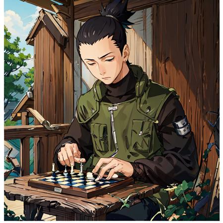 nara shikamaru, 1boy, solo, upper body portrait,porch background, playing traditional chess, looking down, outdoors, wooden porch