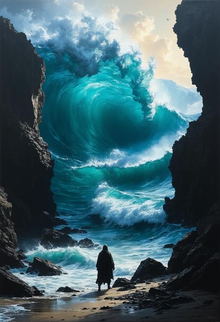 Extreme low-angle: a solitary, desaturated obsidian watcher, frozen mid-gesture, observes colossal, cataclysmic turquoise waves exploding against jagged basalt cliffs. Caravaggio's tenebrism, Hokusai's dynamic force. Dramatic chiaroscuro sculpts the monochrome watcher; intensely saturated, energetic impasto defines the vibrant waves. Glistening obsidian, frothy water. Harsh directional light, deep shadows. Awe-inspiring power, suspended impact. Air thick with crystalline salt spray, frozen mid-air. Stillness against chaos.
