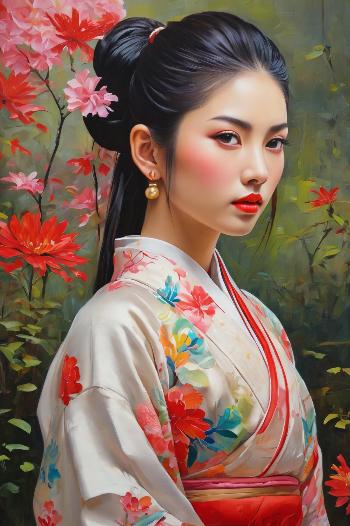 "A Geisha's Portrait: A Woman in a White Kimono with Red Flowers and Pink Cheeks"