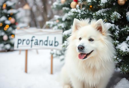 A white fluffy dog by a christmas tree, with a sign saying "profandub", buzzes like snow