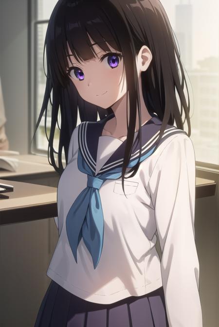 eruchitanda, <lora:eru chitanda s1-lora-nochekaiser:1>,
eru chitanda, long hair, black hair, bangs, blunt bangs, (purple eyes:1.1), sidelocks, smile,
BREAK skirt, school uniform, serafuku, kamiyama high school uniform \(hyouka\), black skirt, long sleeves, black sailor collar,
BREAK indoors, classroom,
BREAK looking at viewer, (cowboy shot:1.5),
BREAK <lyco:GoodHands-beta2:1>, (masterpiece:1.2), best quality, high resolution, unity 8k wallpaper, (illustration:0.8), (beautiful detailed eyes:1.6), extremely detailed face, perfect lighting, extremely detailed CG, (perfect hands, perfect anatomy),