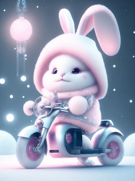 <lora:CuteAnimalsWearingKnitWoolHats:1>a lovely little bunny white fluffy big eyes sweet smile sweet smile sweet smile dressed as a fashion model wearing a pink crystal texture fashion suit hat and snow boots riding on a lovely scooter white fluffy big eyes bright big eyes, standing, fluffy tail, winter rise, flower snow gently fluttering, extremely fine 3d animation render center of symmetry position, ultra realistic, ultra fine, luxury, 3, movie lighting, ultra clear details, ultra transparent material, closeup, complex textures, octane render, z brush, 8k, ultra realistic urea hd 8kv 4 2