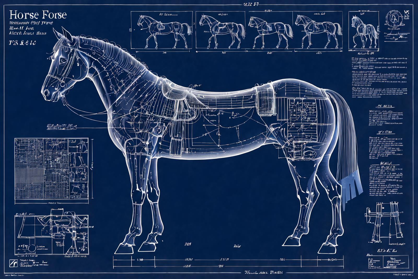 A detailed blueprint of a horse's skeleton and muscle structure.