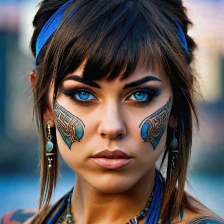 realistic photo wild young 1woman, warrior face tattoo, super realistic, sharpened details, ultra detail, detailed skin, blue sharpened eyes, detailed brunette with bangs, movie, piercing, intricate details, (gorgeous face:1. 2), Masterpiece, , ((Full Body in frame)),