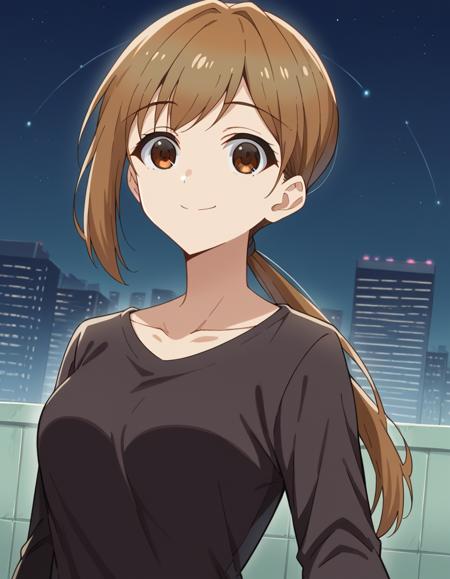 ukai, bangs, brown hair, brown eyes, ponytail, medium breasts, shirt, black shirt, long sleeves, collarbone, pants,