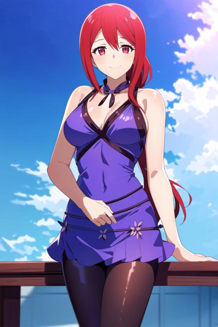 <lora:Akane Hiyama:0.6> Akane Hiyama, 1girl, solo, red hair, Halter Top shirt, red eyes, ponytail, long hair, day, cloud, Black Leggings, sky, Smile, Wave, Detailed Hands, ((Extremely Detailed, 4k, Masterpiece, Ultra Quality)), corneo_tifa_dress