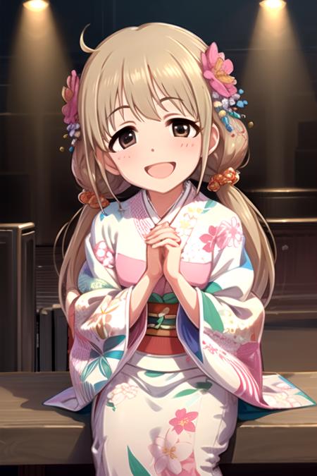 <lora:AnzuFutaba-09:0.7>, best quality, masterpiece, highres, abserdres, idolmaster, idolmaster cinderella girls, ankimo, looking at viewer, blush, smile, open mouth, hair ornament, flower, :d, japanese clothes, hair flower, kimono, sash, low twintails, own hands together, own hands clasped, pink kimono