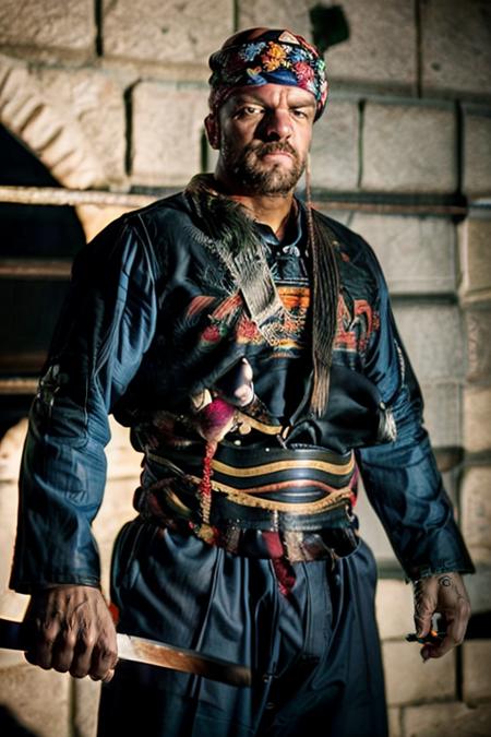 cinematic photo, best quality,  HHHBAL01 wearing a long sleeved blue zeybek with a sword, in The Tower of Destiny, 35mm photograph, film, bokeh, professional, 4k, highly detailed <lora:add_detail:1> <lora:EgeErkek-10 (3):.9>