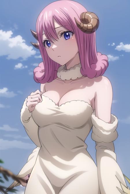 fairytailaries, <lora:aries s7-lora-nochekaiser:1>,
aries, long hair, pink hair, horns, sheep horns, (purple eyes:1.1),
BREAK cleavage, pantyhose, dress, white dress, detached sleeves, 
BREAK outdoors, nature, forest, sky, clouds, sun,
BREAK looking at viewer, (cowboy shot:1.5),
BREAK <lyco:GoodHands-beta2:1>, (masterpiece:1.2), best quality, high resolution, unity 8k wallpaper, (illustration:0.8), (beautiful detailed eyes:1.6), extremely detailed face, perfect lighting, extremely detailed CG, (perfect hands, perfect anatomy),