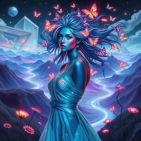 Create an image of a stunning woman with iridescent skin that shifts colors from deep blue to shimmering silver, standing in a dreamlike environment. Her hair is an intricate tapestry of flowing vines and flowers, intertwining with luminous butterflies that flutter around her.
The background features a bizarre landscape with gravity-defying hills and swirling rivers of liquid light. Giant, floating geometric shapes hover in the sky, casting colorful shadows on the ground. 
The woman wears an avant-garde dress made of translucent fabric that appears to be woven from starlight, changing form with each movement. Her eyes are multifaceted, resembling prisms, reflecting the surreal colors around her. 
Strange, whimsical creatures with elongated limbs and radiant patterns explore the landscape, while abstract, pulsating plants emit soft glows. The scene evokes a sense of wonder and enchantment, blurring the lines between reality and fantasy.
