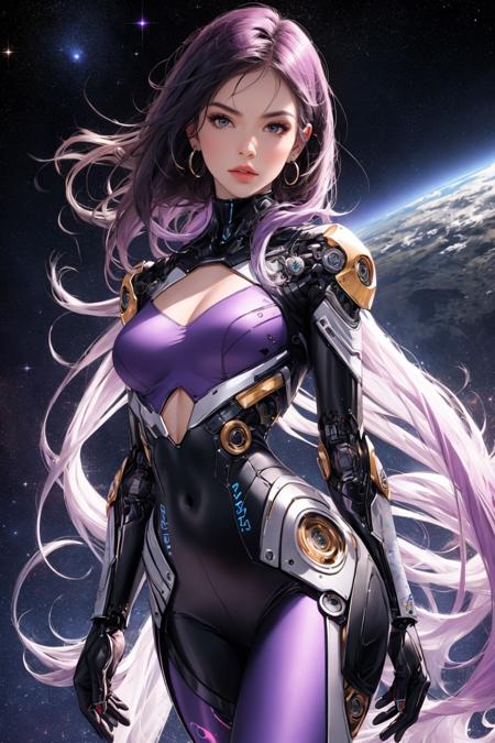 ((best quality)),((masterpiece)),((realistic)),(detailed),cyber enhanced female cyborg wearing (Cosmic Glam Bodysuit:1.1) (Glimmering Galaxy Leggings with Space Odyssey Hues:1.1) (shoulder lenght hairstyle:1.1),(Tte--Tte,Lavender Sparkle color background:1.3),nebula background,<lora:MG_jixie:0.7>,Lavender hair,medium breasts,petite body,cleavage,