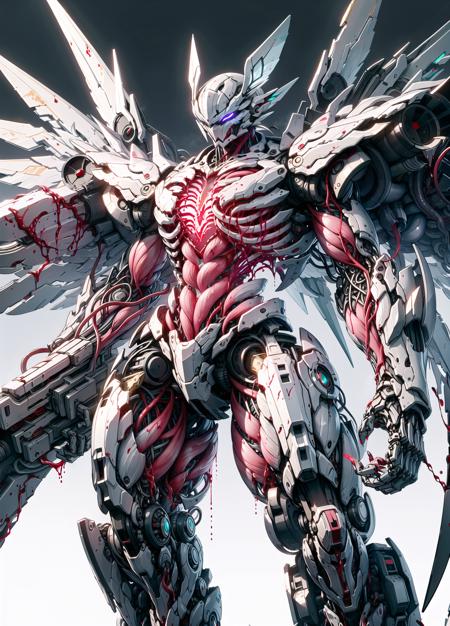 detailed, ultra-detailed, masterpiece, 8k wallpaper,<lora:BIOMECHA:1>
  , (bio mecha:1.5),(mecha:1.4),
, (muscle:1.3), (muscle tissue:1.5), 
, no humans,glowing wings, mecha, solo,size difference,huge weapon,chainsaw, science fiction, simple background, standing, mechanical wings, glowing, silver mecha,from below, blood,broken,damaged, dirty,