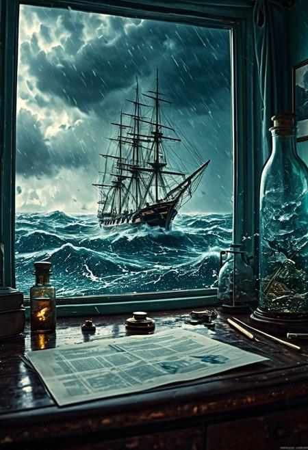 A breathtaking image of a ship sailing on extremely dangerous and choppy seas contained within a bottle on a desk, a storm overhead, highly detailed, high quality surreal image, movie poster style