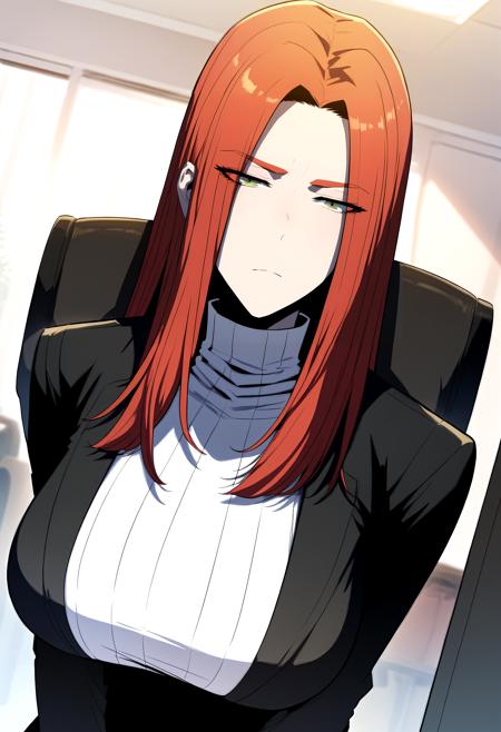 long hair, red hair, green eyes black jacket, turtleneck, white sweater, black skirt, pencil skirt gem, red dress, bare shoulders, cleavage, cleavage cutout, see-through, sleeveless, elbow gloves, black gloves, covered navel, detached sleeves, pelvic curtain, pantyhose