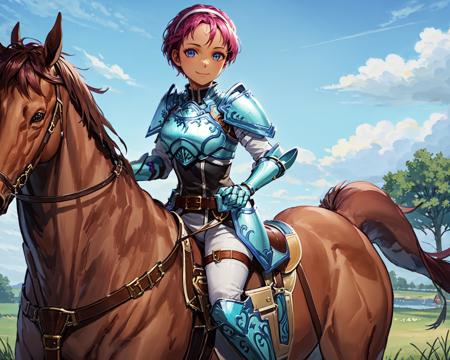 (brown horse,riding a brown horse,saddle,reins:1.1),,<lora:fionaV1:0.8>,fiona,short hair,smile, closed mouth,armor, armored boots, belt, breastplate,hairband, shoulder armor, looking at viewer,white pants, white gloves, gauntlets,  jewelry, knee boots,outdoors,grass,(masterpiece, best quality, ultra-detailed, best shadow)