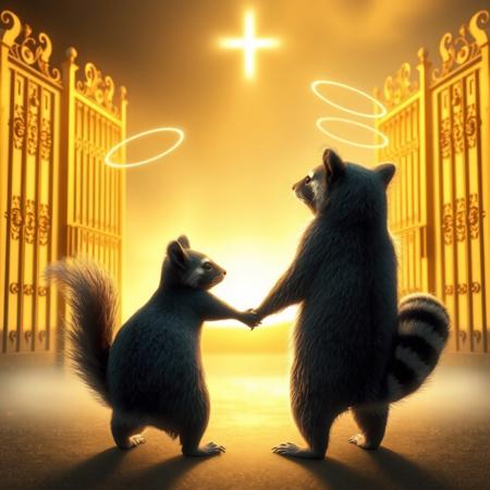 A dark-furred squirrel and a raccoon in glowing, ethereal forms stand side by side at the entrance of a grand, radiant gate symbolizing Heaven. The squirrel and raccoon hold hands, each with a small, soft halo above their heads, their expressions a mix of peaceful acceptance and gentle melancholy as they look back over their shoulders toward the viewer. The squirrel is 2/3 the size of the raccoon. The scene is illuminated with a soft, golden light, casting an otherworldly glow that enhances the warmth and calm of the moment. The gates behind them are open, revealing a hint of a tranquil, celestial landscape beyond, creating a touching, spiritual farewell.