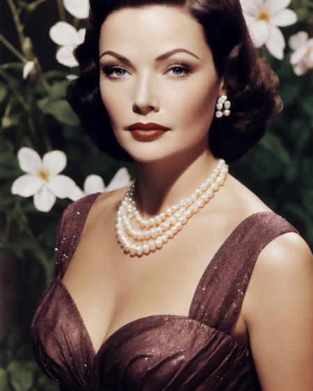 genetierney <lora:genetierney:0.5>, Best quality, masterpiece, ultra high res, (photorealistic:1.4), 1girl, a woman with a pearl necklace and a dress on posing for a picture with a flower in her hair