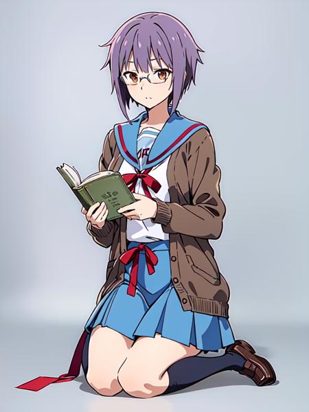 masterpiece, best quality, ultra-detailed, illustration,
kita high school uniform, 1girl, school uniform, solo, nagato yuki, serafuku, skirt, winter uniform, sailor collar, blue sailor collar, short hair, blue skirt, cardigan, purple hair, glasses, open clothes, open cardigan, socks, shoes, red ribbon, kneehighs, brown eyes, ribbon, holding book, full body, brown cardigan, long sleeves, simple background, white background,
<lora:kitakouseifuku:0.8>