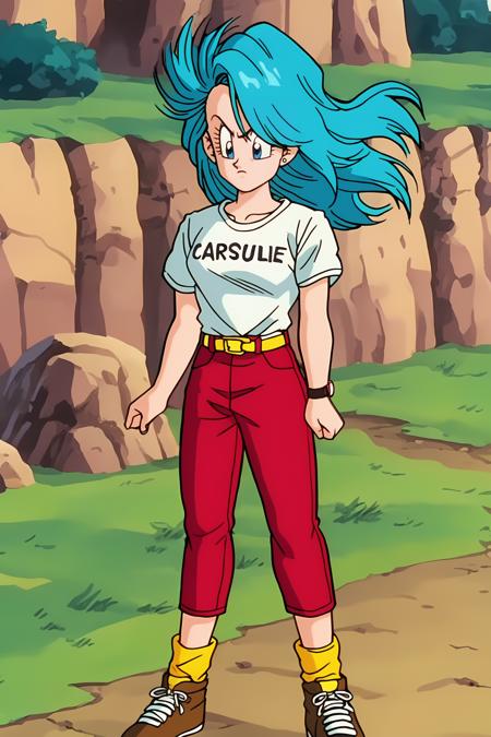 bulma, aqua hair, blue eyes,