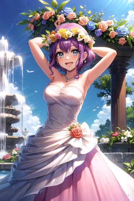 <lora:SaoriHidaka-10:0.9>,d4saori, looking at viewer, smile, open mouth, hair ornament, dress, jewelry, flower, outdoors, sky, day, hair flower, water, necklace, arms up, blue sky, grey eyes, strapless, pink dress, strapless dress, stairs, wedding dress, head wreath, fountain