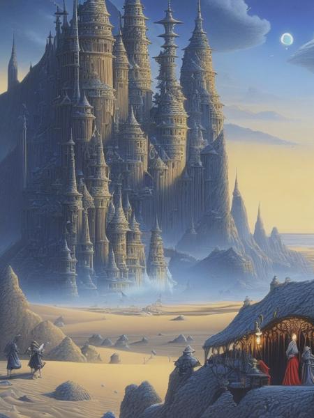 <lyco:RodneyMatthews:1.0> a cover card for the game sand and magic, in the style of rodney matthews, realist detail, edmund leighton, aluminum, hajime sorayama, crosshatched shading, regional gothic