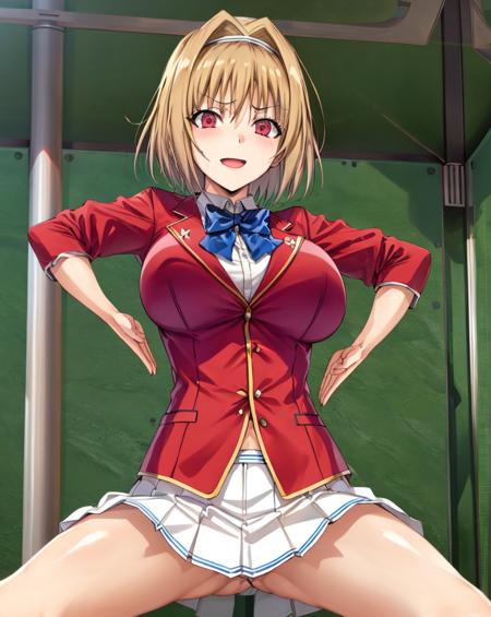 <lora:Kushida_Kikyou-10:0.8>,1girl, solo, red eyes,short hair, blonde hair, large breasts,school uniform,bowtie,white skirt, red jacket, white hairband
<lora:Haigure-10:0.8>,1girl, solo,spread legs, tiptoes,