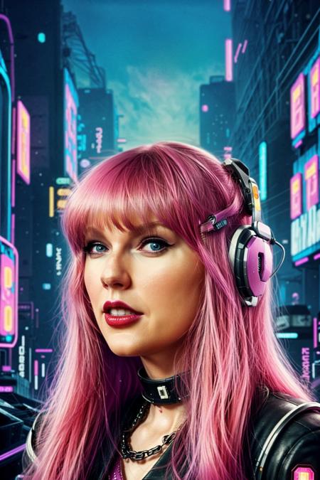 <lora:Taysway_V5-10:0.75> Taysway, adult woman, long pink hair, 80s movie poster themed, 80s poster style, psychedelic, mind blowing, trippy, retro artwork, (cyberpunk theme:1.3)