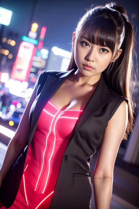 1girl, YuraS, close-up, portrait, (masterpiece), best quality, ultra high res, beautiful clean face, wearing jacket and trousers with glowing light, night time view, cyberpunk style, neon lights,  <lora:YuraSakuraLora_v25:1>