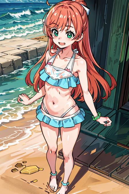 best quality,masterpiece,highres,anime screenshot, 1girl, solo, standing,smile, full body, flat chest, (bikini:1.5),swimsuit, beach, sand,  <lora:Precure Mashiro:0.4>