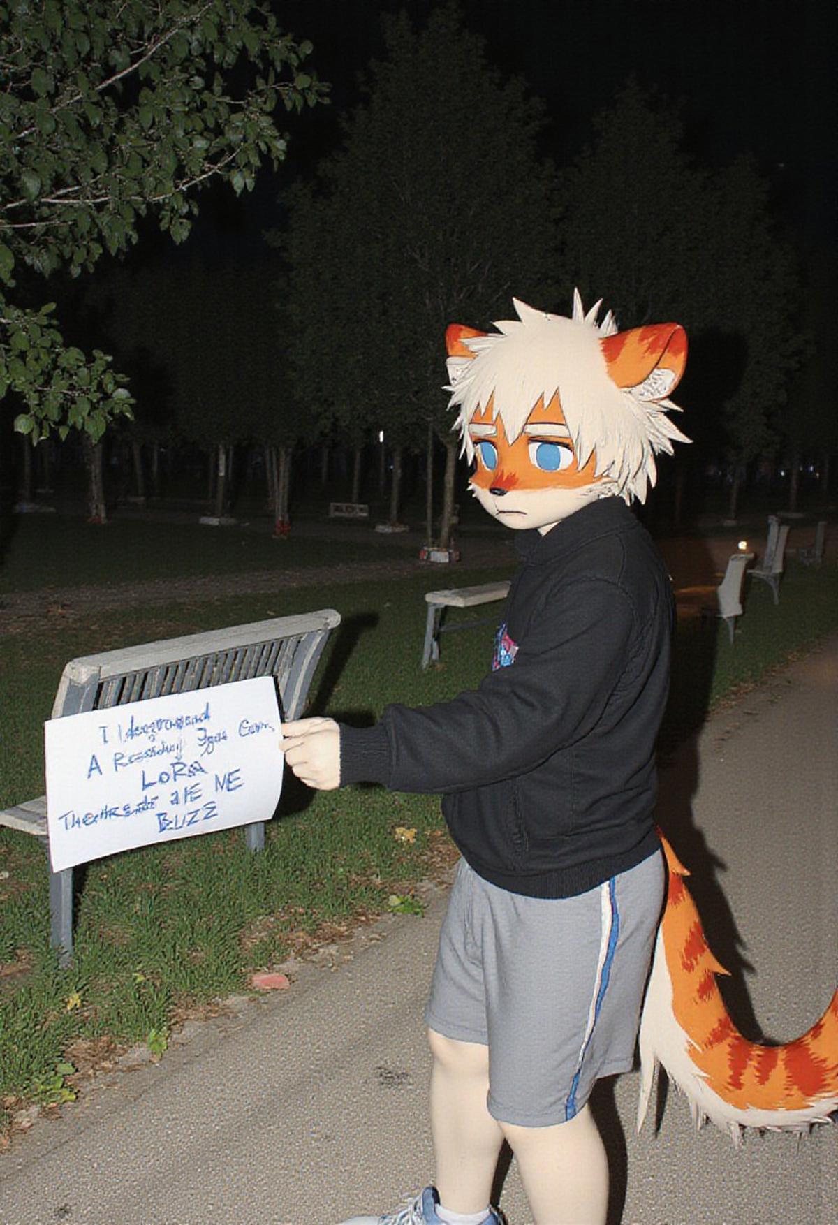 milkytiger, tiger ears, tiger boy, white eyebrows, white hair, blue eyes, 1boy, solo, furry, 2d Art, walks in a park at night with a sign "I demand a Really Super Gay Lora. Therefore, give me Buzz", milkytager he has tiger ears and orange fur, has blue eyes, He is wearing a black sweater and grey shorts, young, white hair